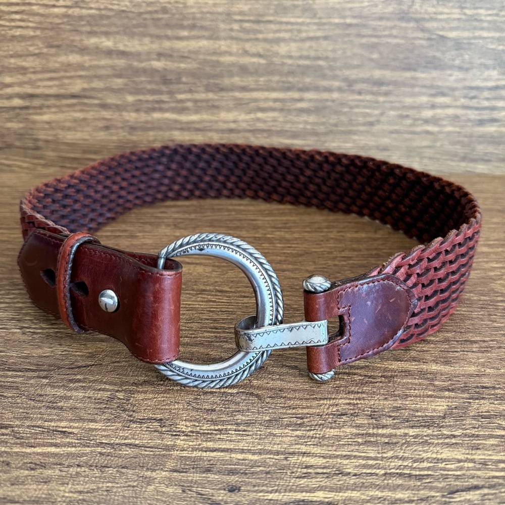Vintage 1995‎ Woven Braided Leather Belt Crescent Buckle Equestrian Western  M